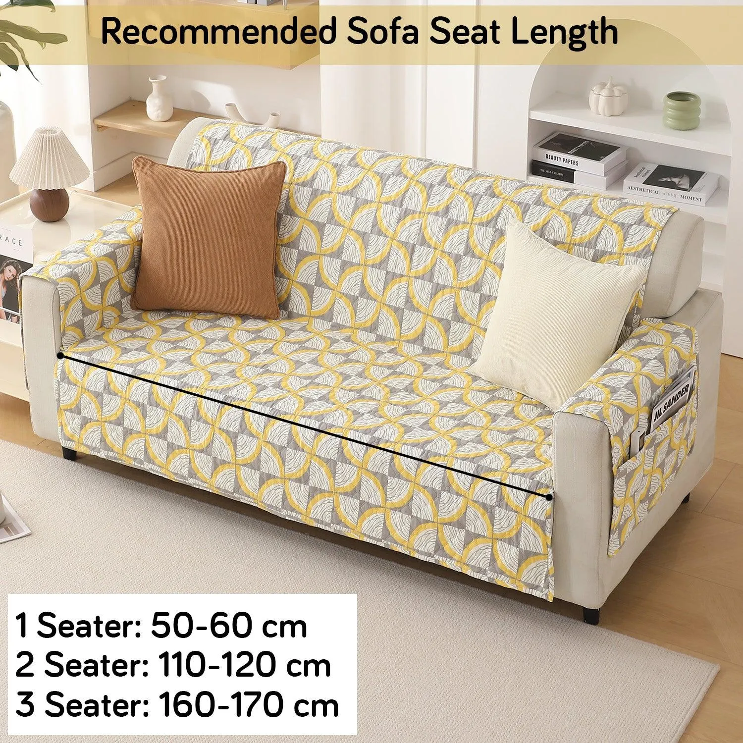 Quilted Printed Polyester Sofa Cover Mat for 1/2/3 Seater Sofa with Side Pockets, Pet Friendly, Windmill Cyber Yellow