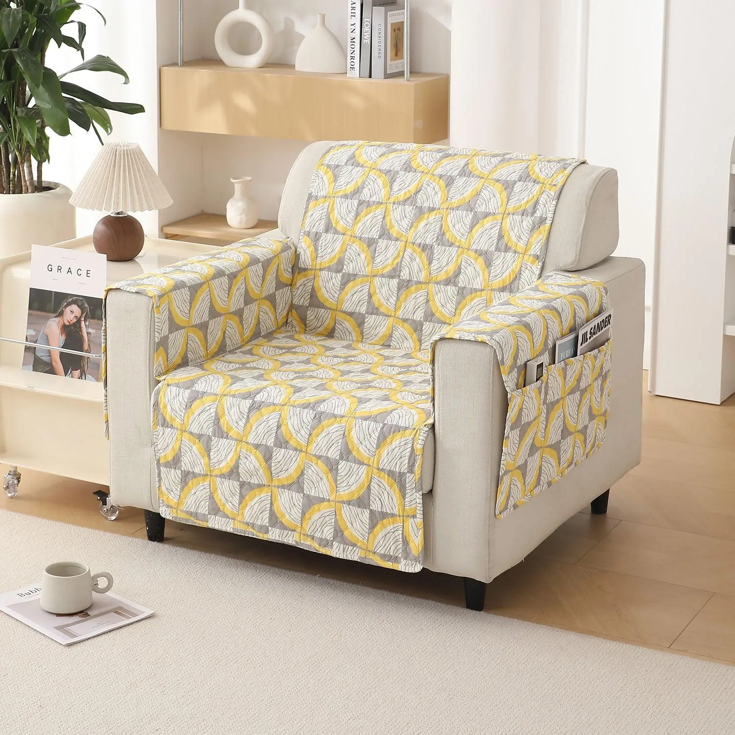 Quilted Printed Polyester Sofa Cover Mat for 1/2/3 Seater Sofa with Side Pockets, Pet Friendly, Windmill Cyber Yellow