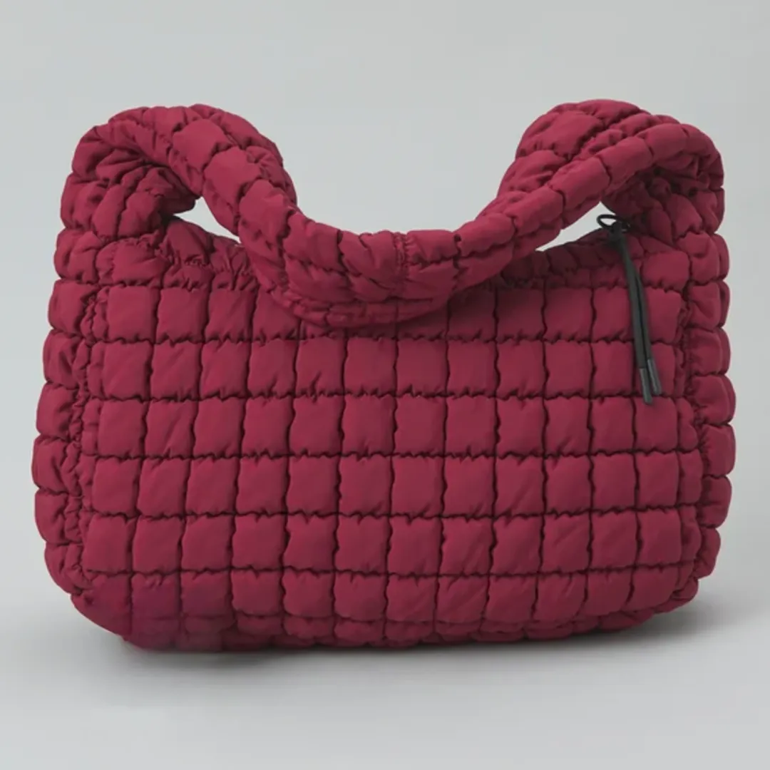 Quilted Puffer Carryall Tote - Dark Red