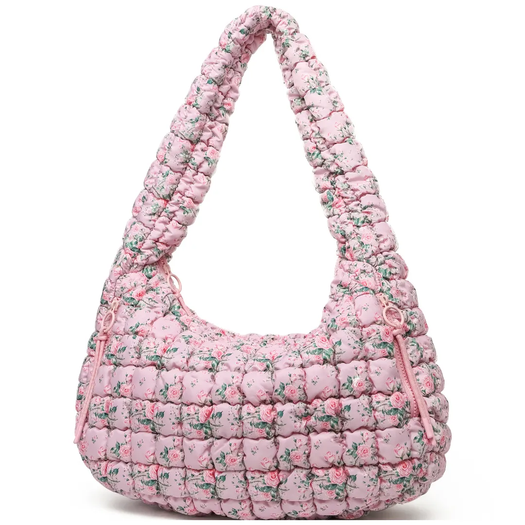 Quilted Puffer Carryall Tote - Pink Floral