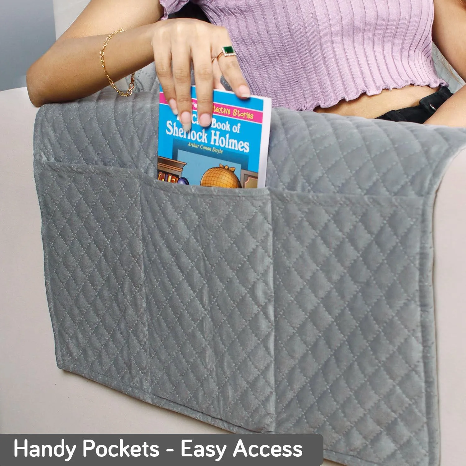 Quilted Velvet Sofa Cover Mat with Side Pockets, Pet Friendly, Fossil Grey