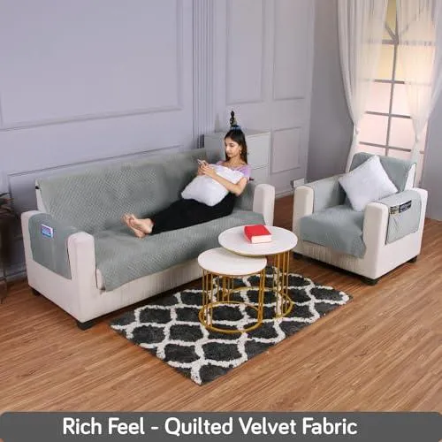 Quilted Velvet Sofa Cover Mat with Side Pockets, Pet Friendly, Fossil Grey