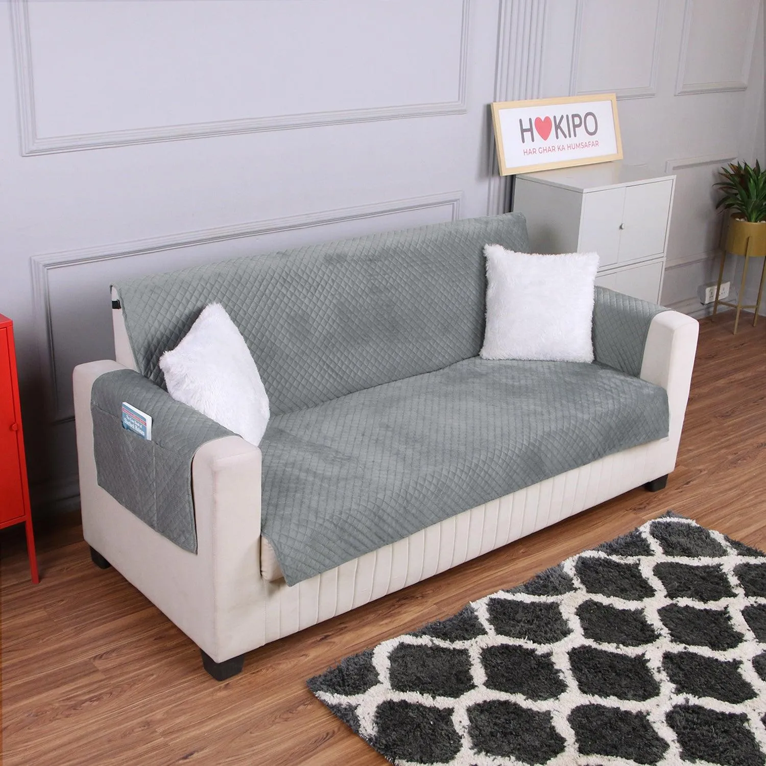 Quilted Velvet Sofa Cover Mat with Side Pockets, Pet Friendly, Fossil Grey