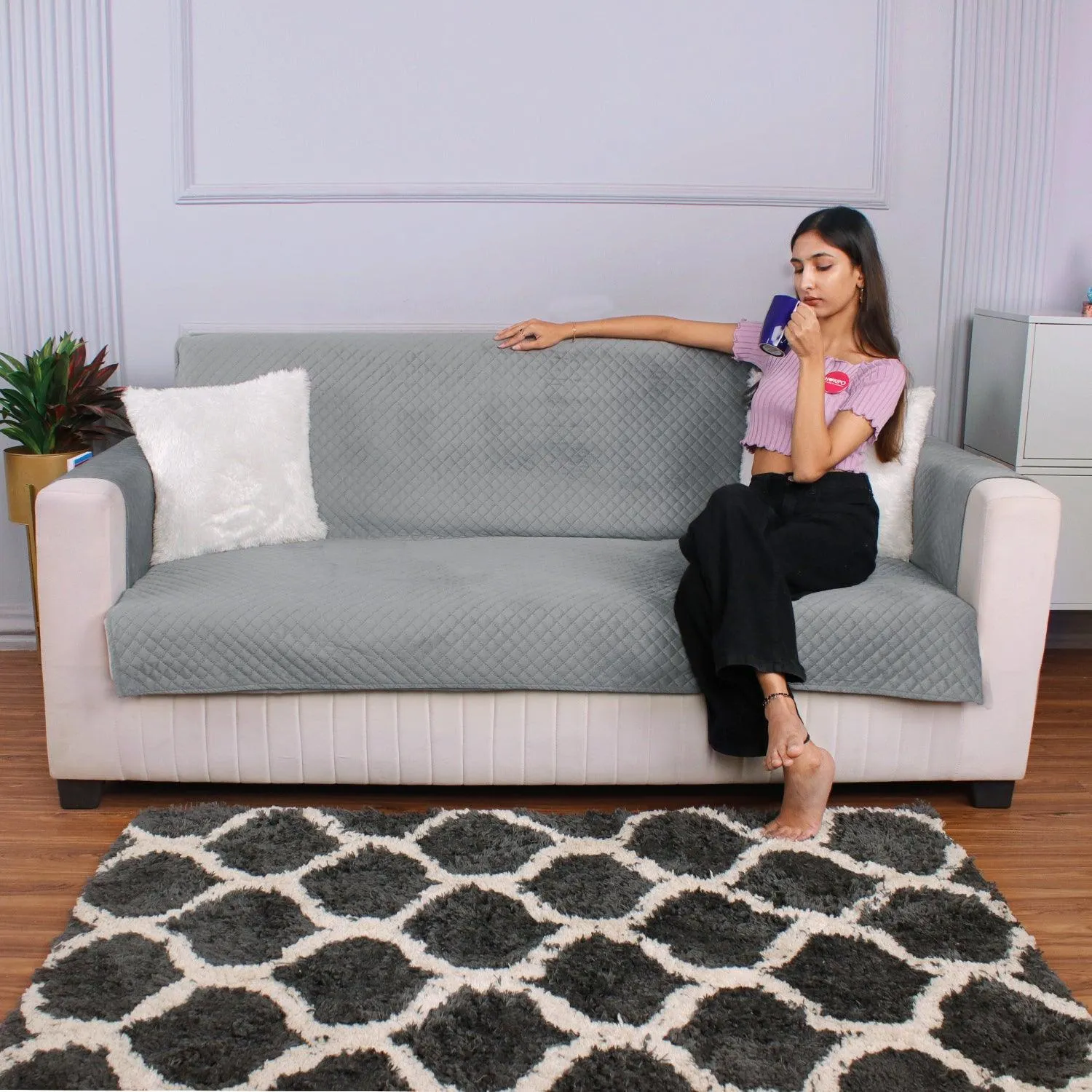 Quilted Velvet Sofa Cover Mat with Side Pockets, Pet Friendly, Fossil Grey