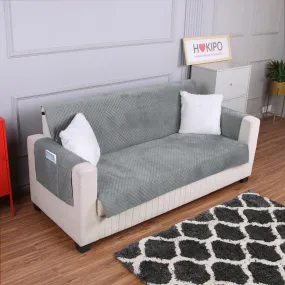 Quilted Velvet Sofa Cover Mat with Side Pockets, Pet Friendly, Fossil Grey