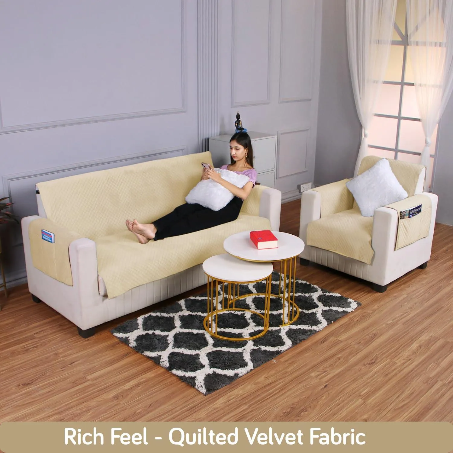 Quilted Velvet Sofa Cover Mat with Side Pockets, Pet Friendly, Natural Beige