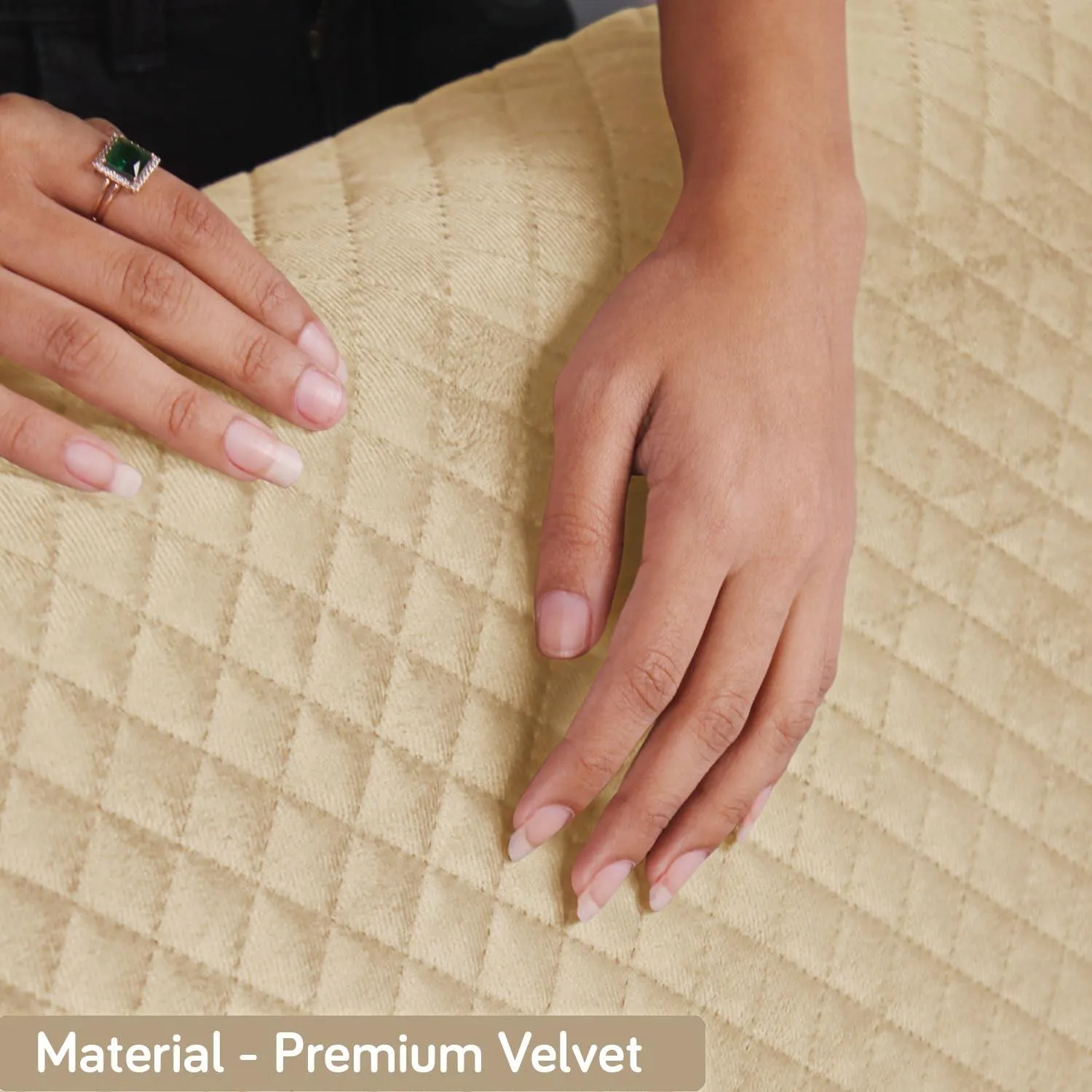 Quilted Velvet Sofa Cover Mat with Side Pockets, Pet Friendly, Natural Beige