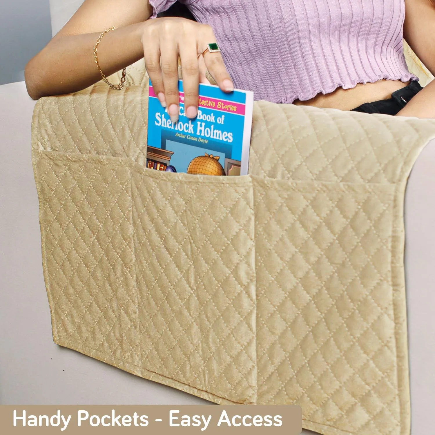 Quilted Velvet Sofa Cover Mat with Side Pockets, Pet Friendly, Natural Beige