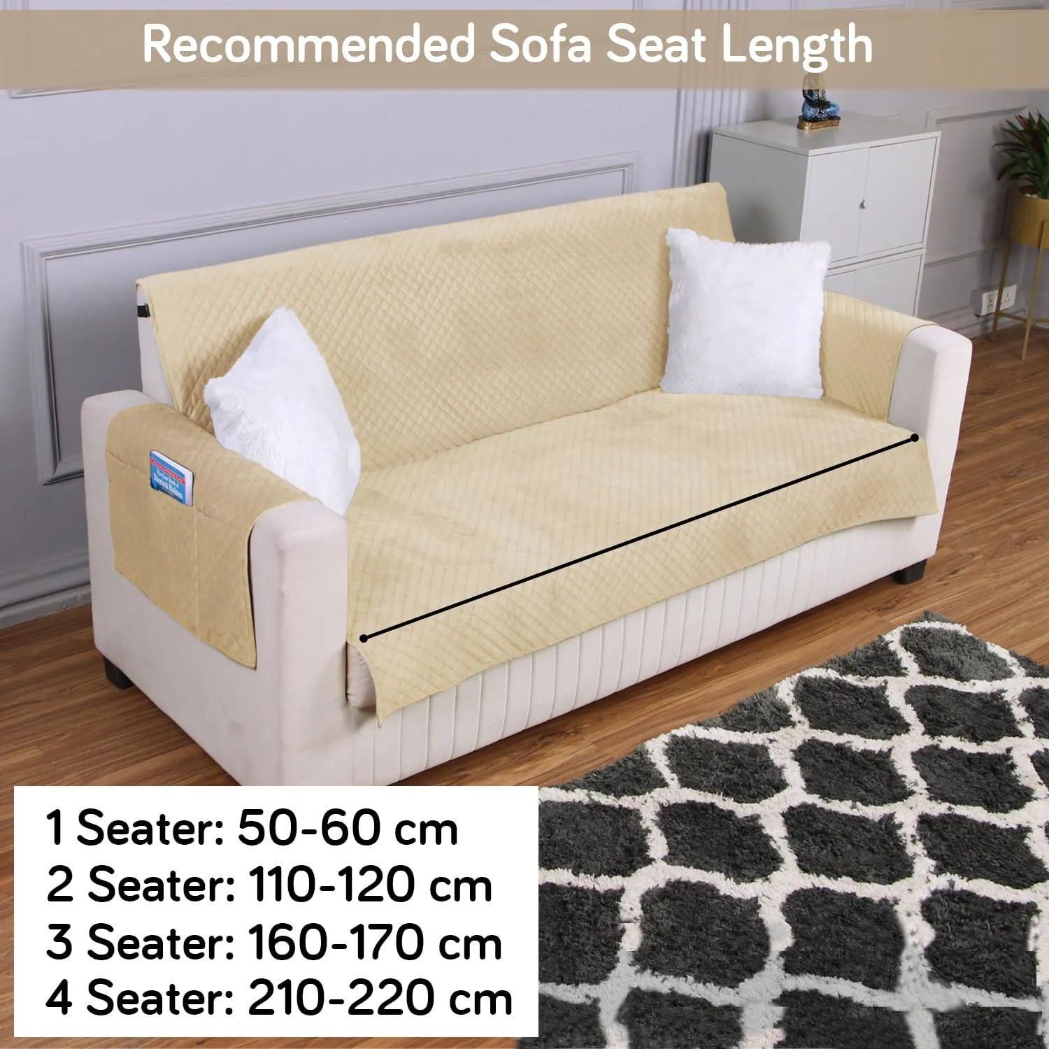 Quilted Velvet Sofa Cover Mat with Side Pockets, Pet Friendly, Natural Beige