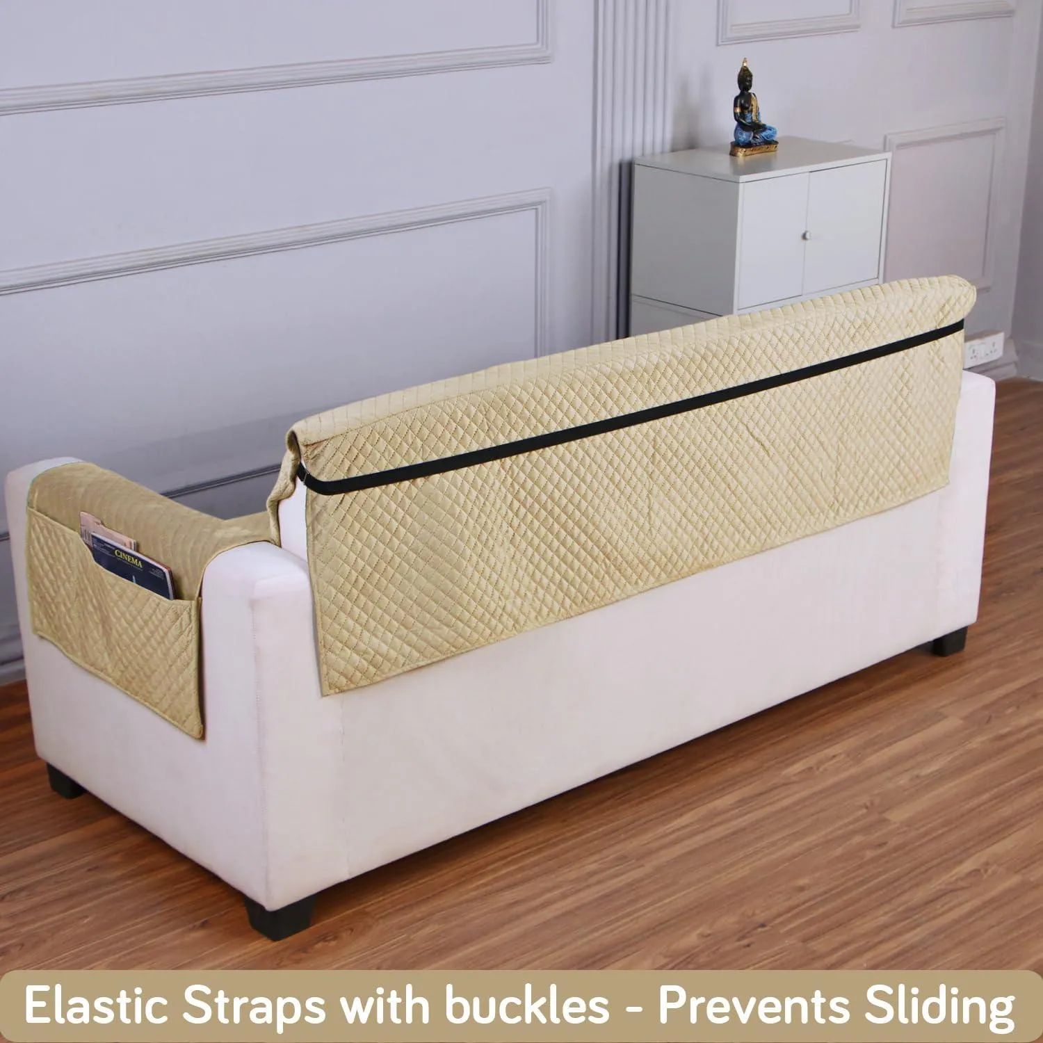 Quilted Velvet Sofa Cover Mat with Side Pockets, Pet Friendly, Natural Beige