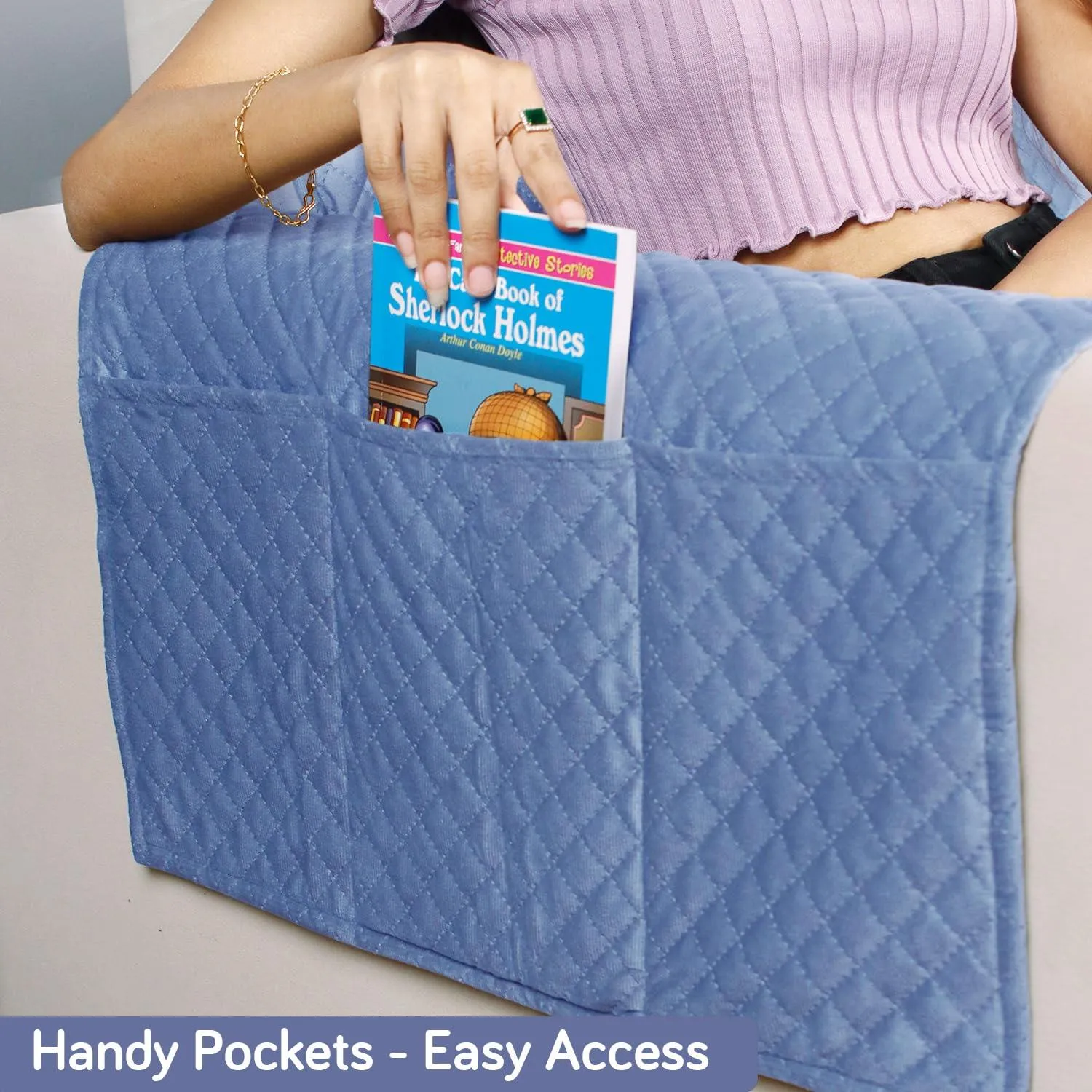 Quilted Velvet Sofa Cover Mat with Side Pockets, Pet Friendly, Placid Blue