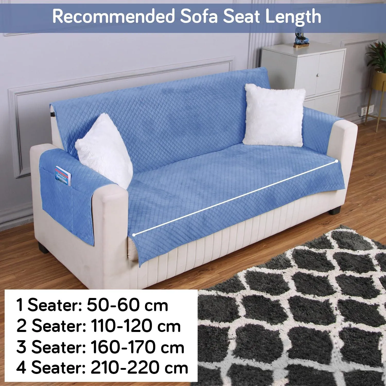 Quilted Velvet Sofa Cover Mat with Side Pockets, Pet Friendly, Placid Blue