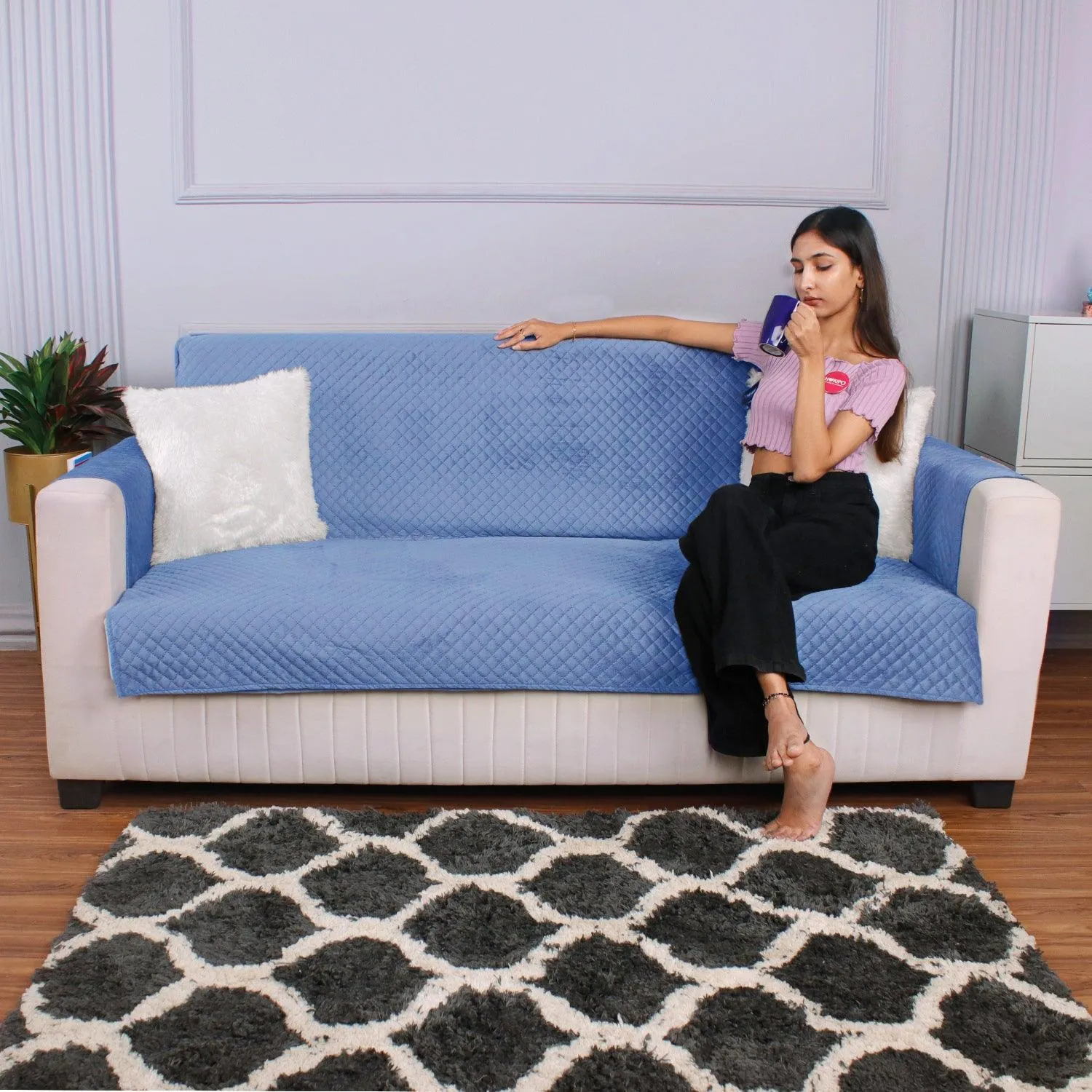 Quilted Velvet Sofa Cover Mat with Side Pockets, Pet Friendly, Placid Blue
