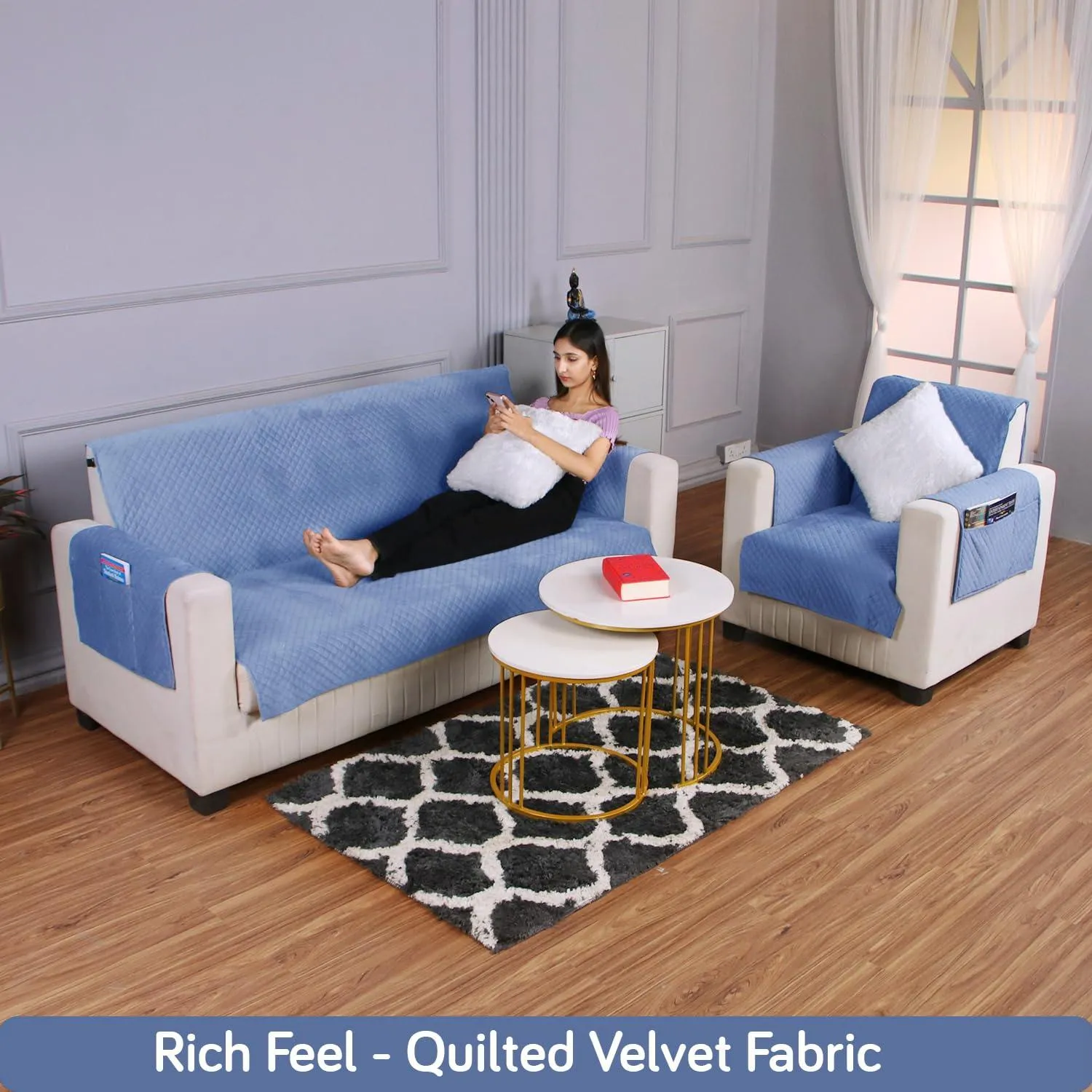 Quilted Velvet Sofa Cover Mat with Side Pockets, Pet Friendly, Placid Blue