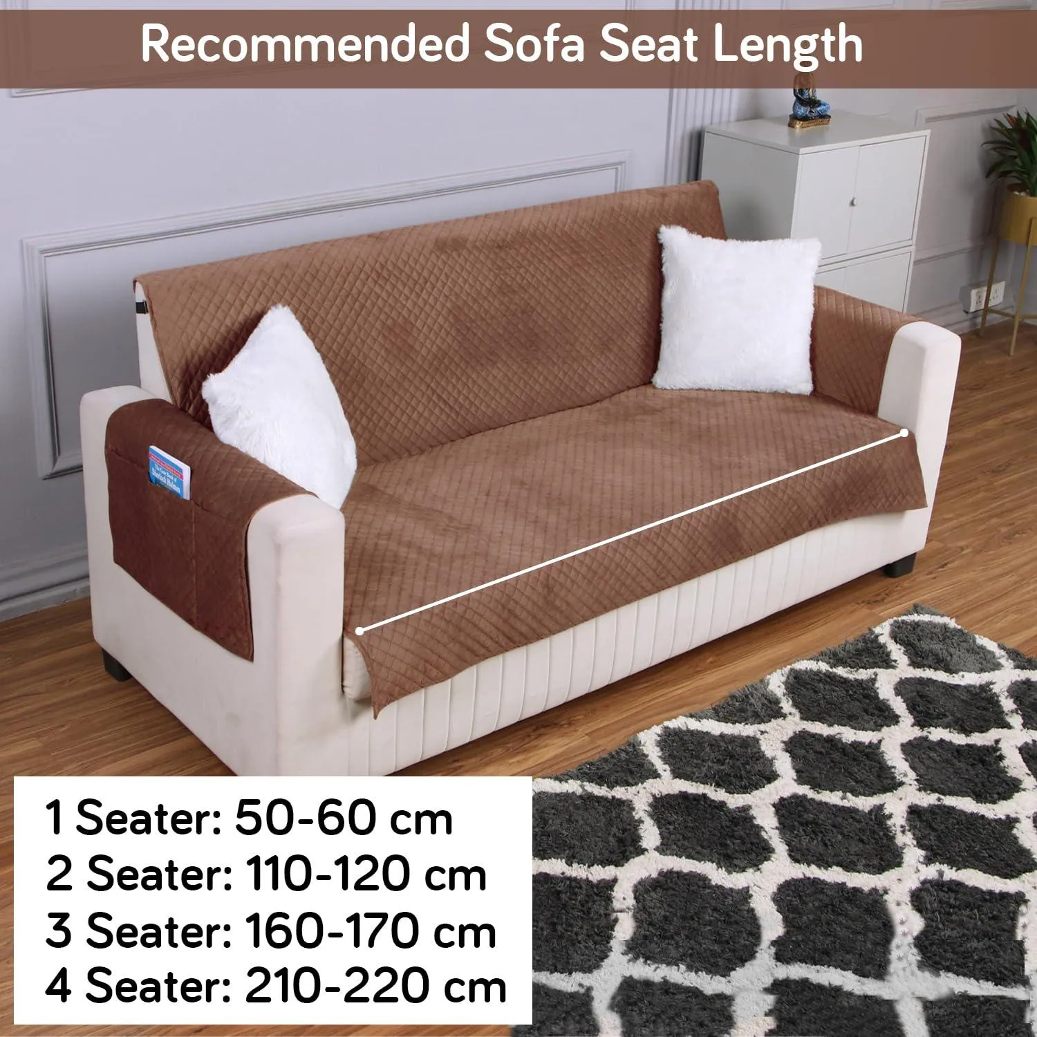 Quilted Velvet Sofa Cover Mat with Side Pockets, Pet Friendly, Russet Brown