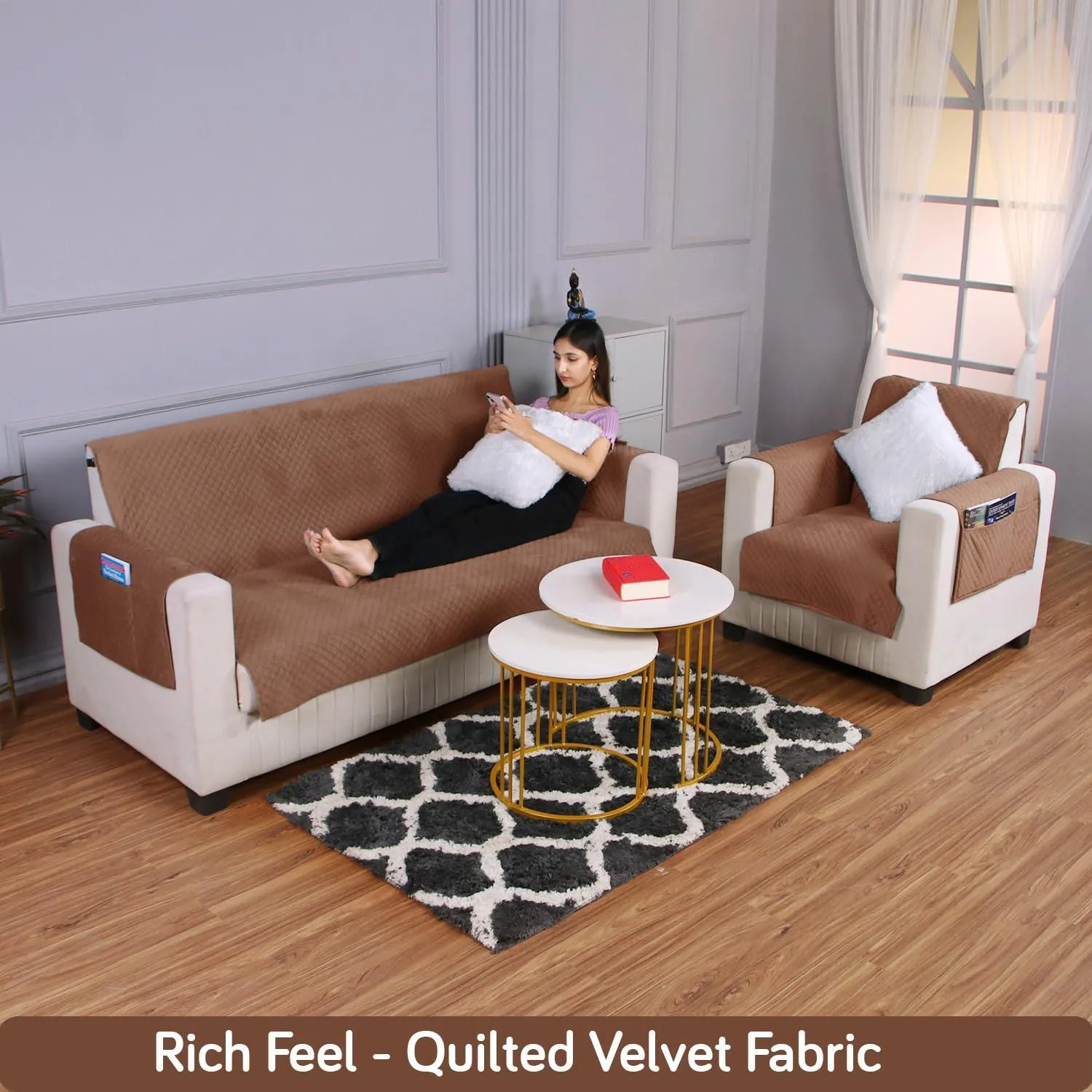 Quilted Velvet Sofa Cover Mat with Side Pockets, Pet Friendly, Russet Brown
