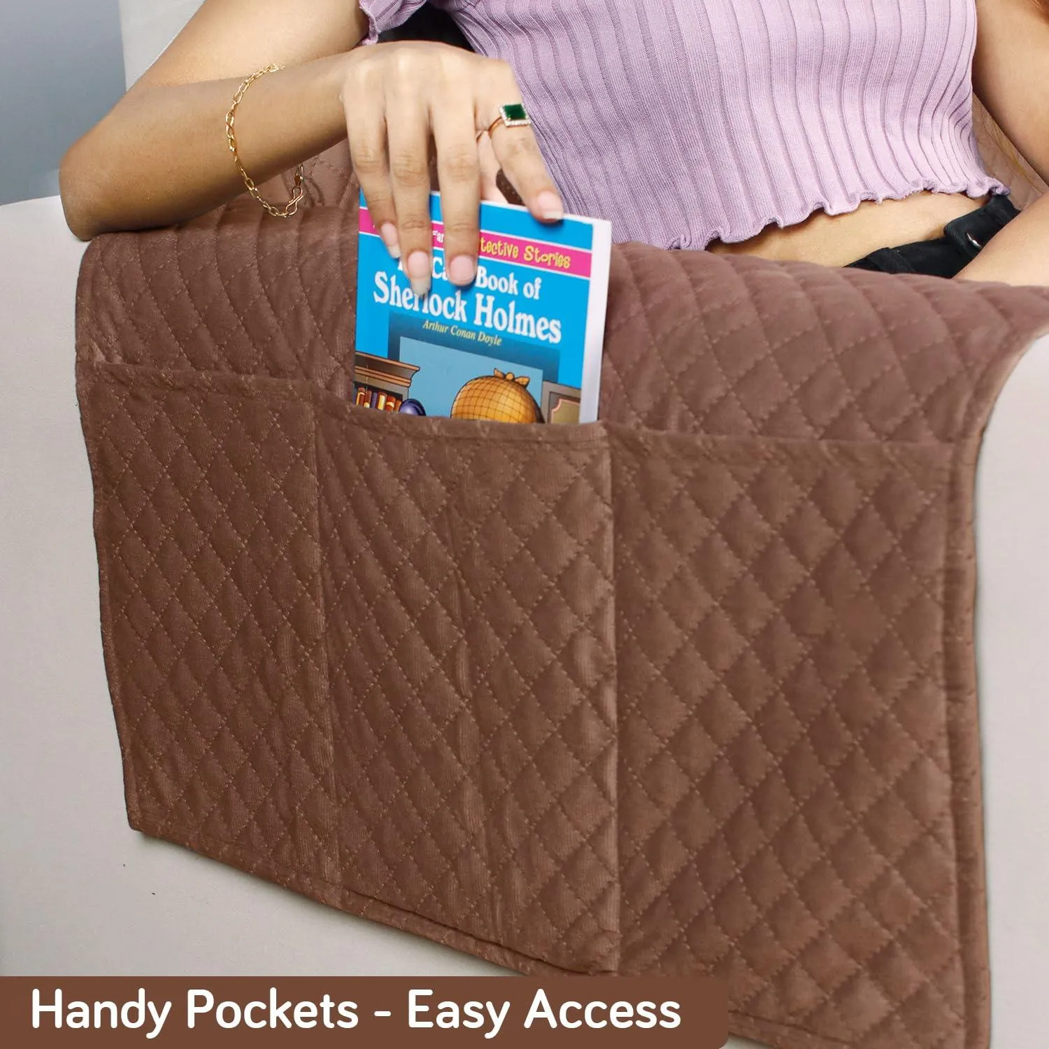 Quilted Velvet Sofa Cover Mat with Side Pockets, Pet Friendly, Russet Brown