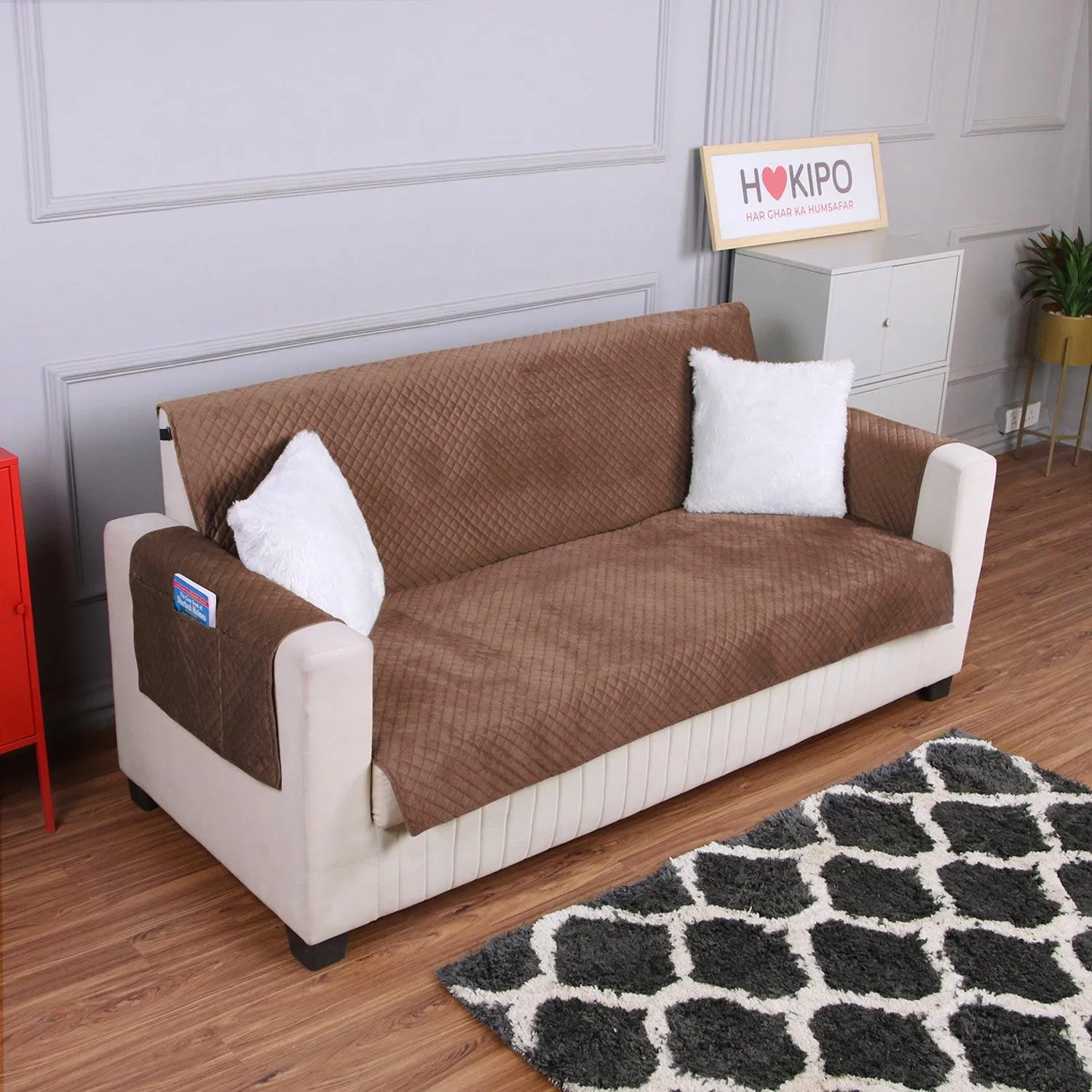 Quilted Velvet Sofa Cover Mat with Side Pockets, Pet Friendly, Russet Brown