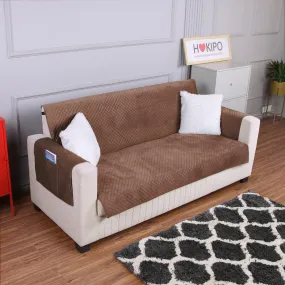 Quilted Velvet Sofa Cover Mat with Side Pockets, Pet Friendly, Russet Brown