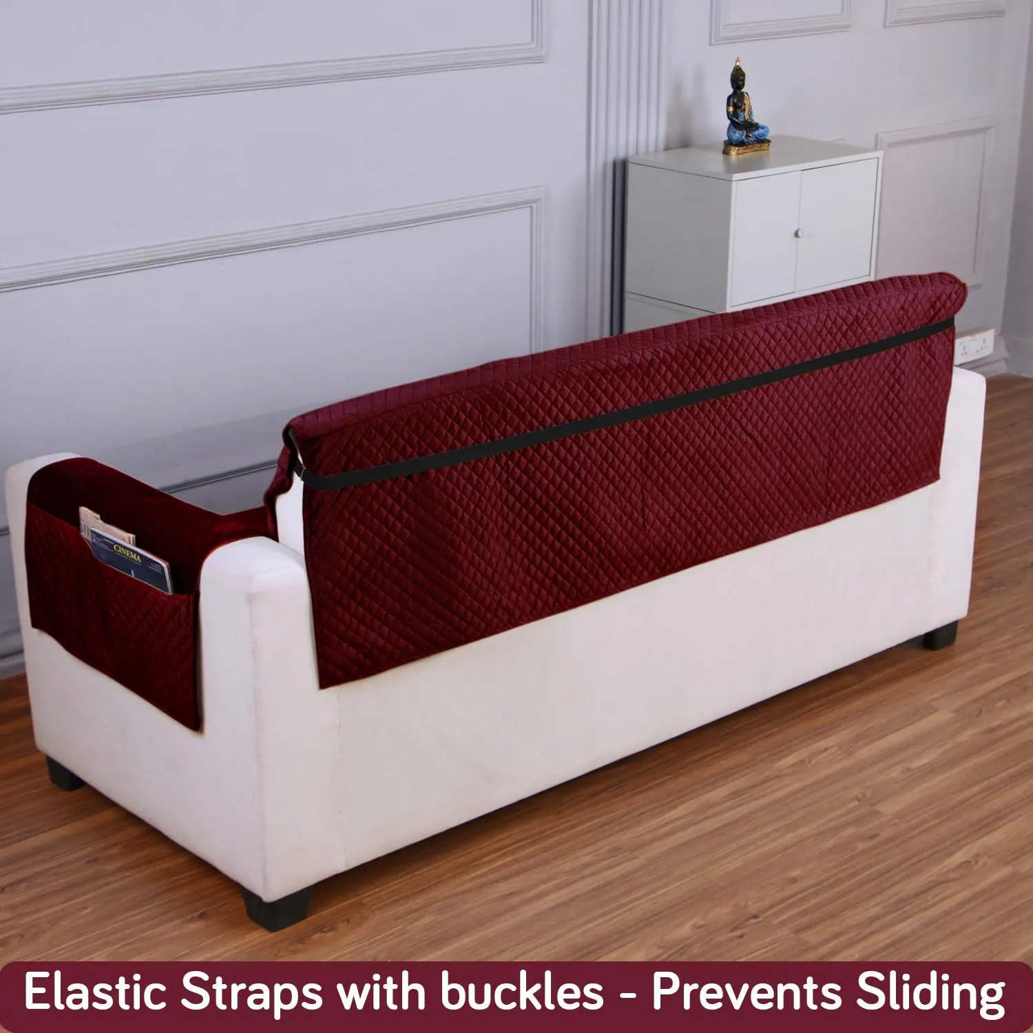 Quilted Velvet Sofa Cover Mat with Side Pockets, Pet Friendly, Sangria Red