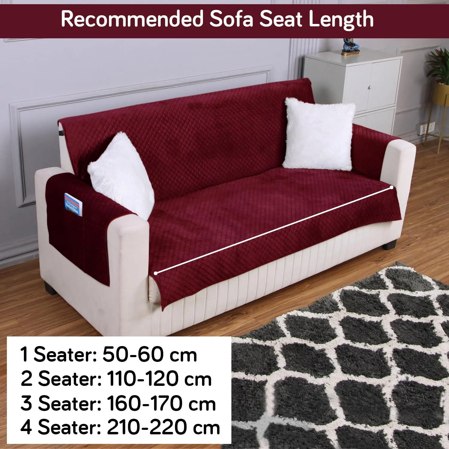 Quilted Velvet Sofa Cover Mat with Side Pockets, Pet Friendly, Sangria Red