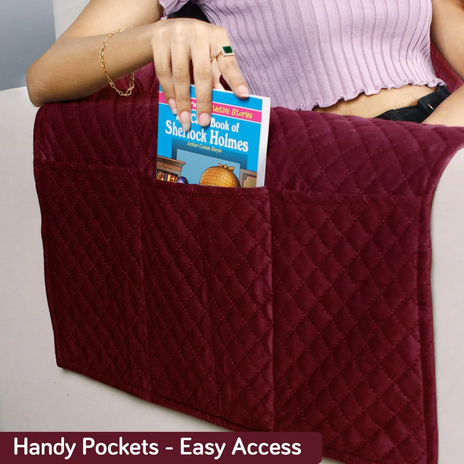 Quilted Velvet Sofa Cover Mat with Side Pockets, Pet Friendly, Sangria Red