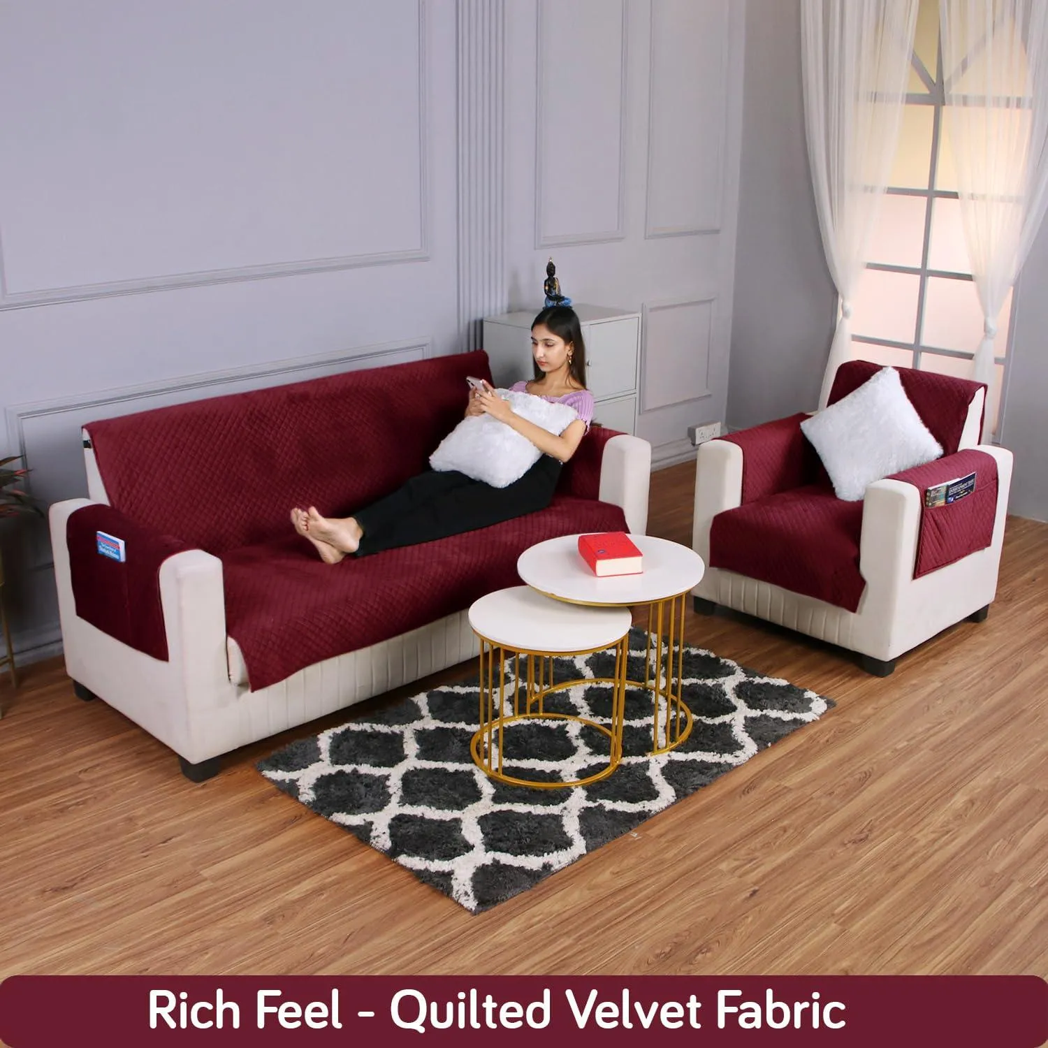 Quilted Velvet Sofa Cover Mat with Side Pockets, Pet Friendly, Sangria Red