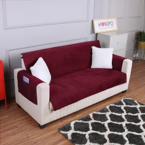 Quilted Velvet Sofa Cover Mat with Side Pockets, Pet Friendly, Sangria Red