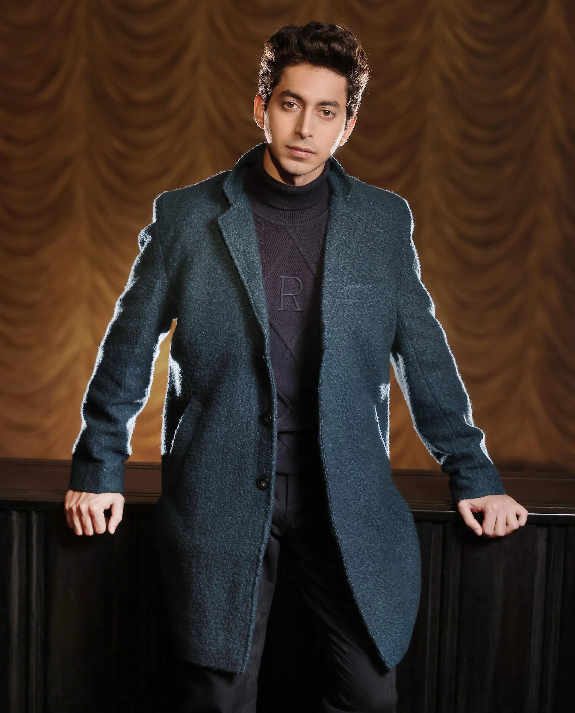 Rare Rabbit Men's Hong Green Textured Notch Lapel Long Coat
