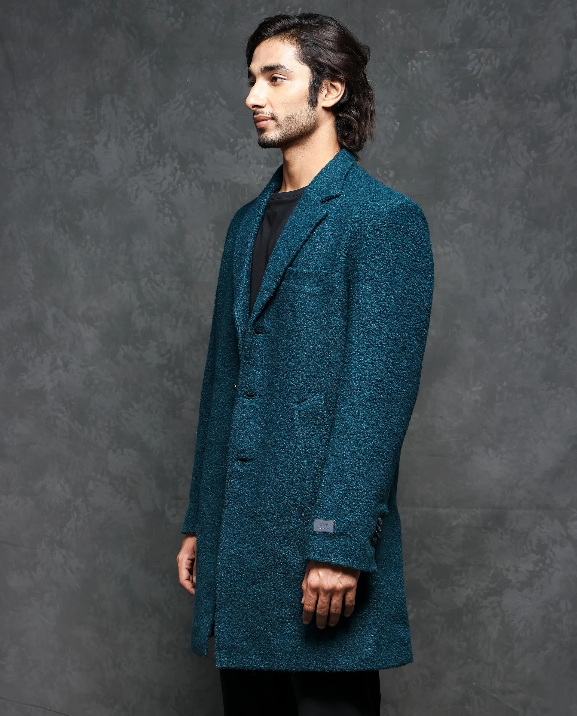 Rare Rabbit Men's Hong Green Textured Notch Lapel Long Coat