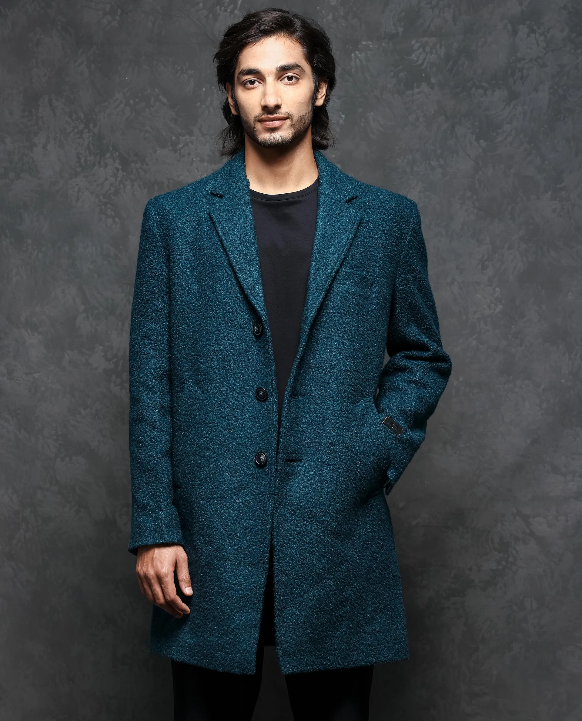 Rare Rabbit Men's Hong Green Textured Notch Lapel Long Coat