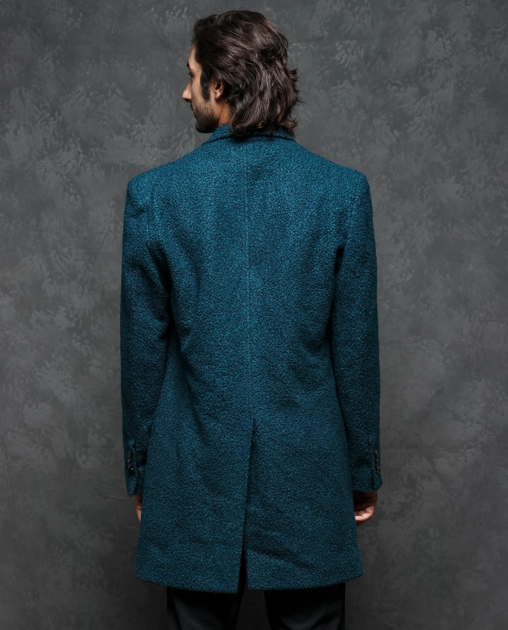 Rare Rabbit Men's Hong Green Textured Notch Lapel Long Coat
