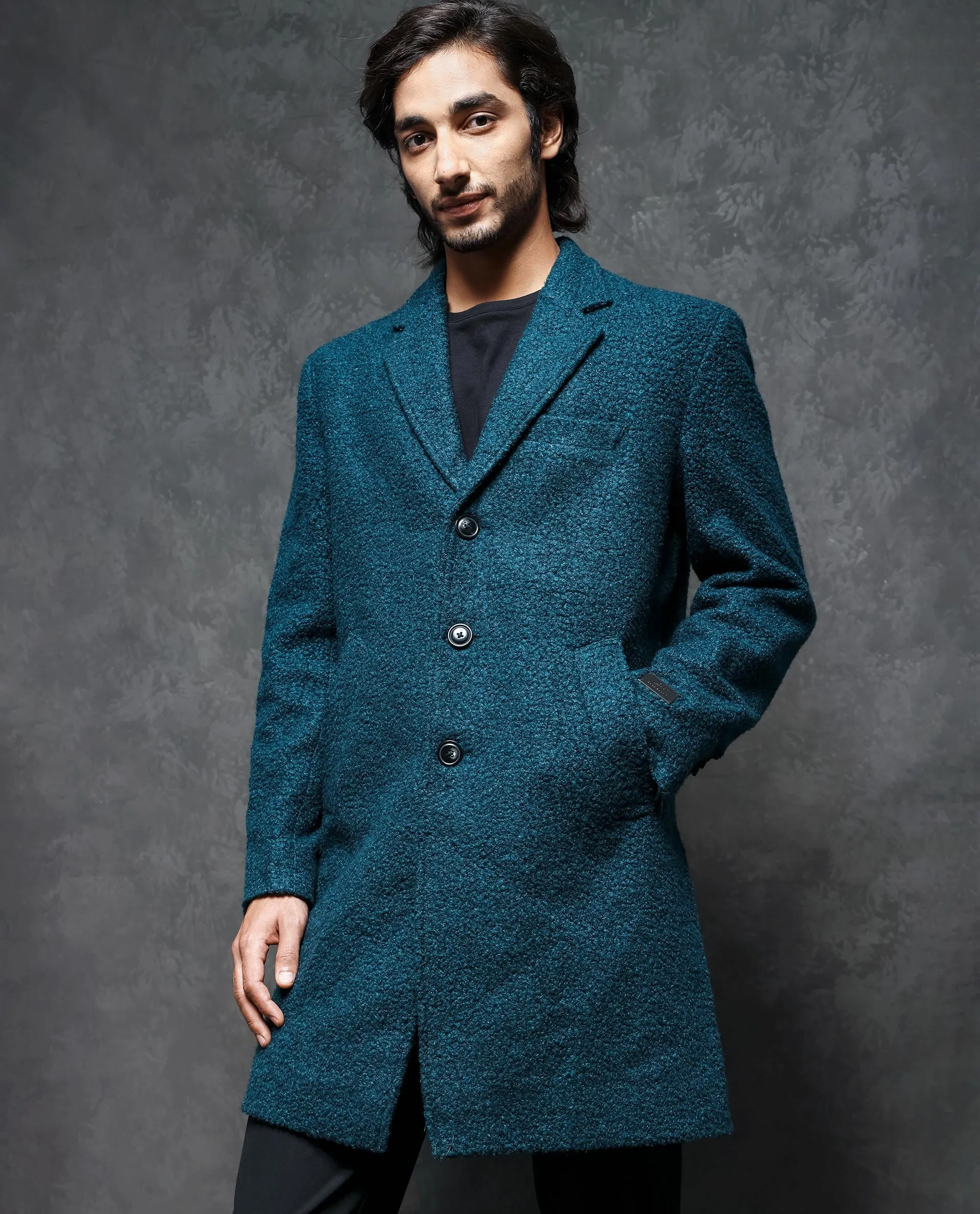 Rare Rabbit Men's Hong Green Textured Notch Lapel Long Coat
