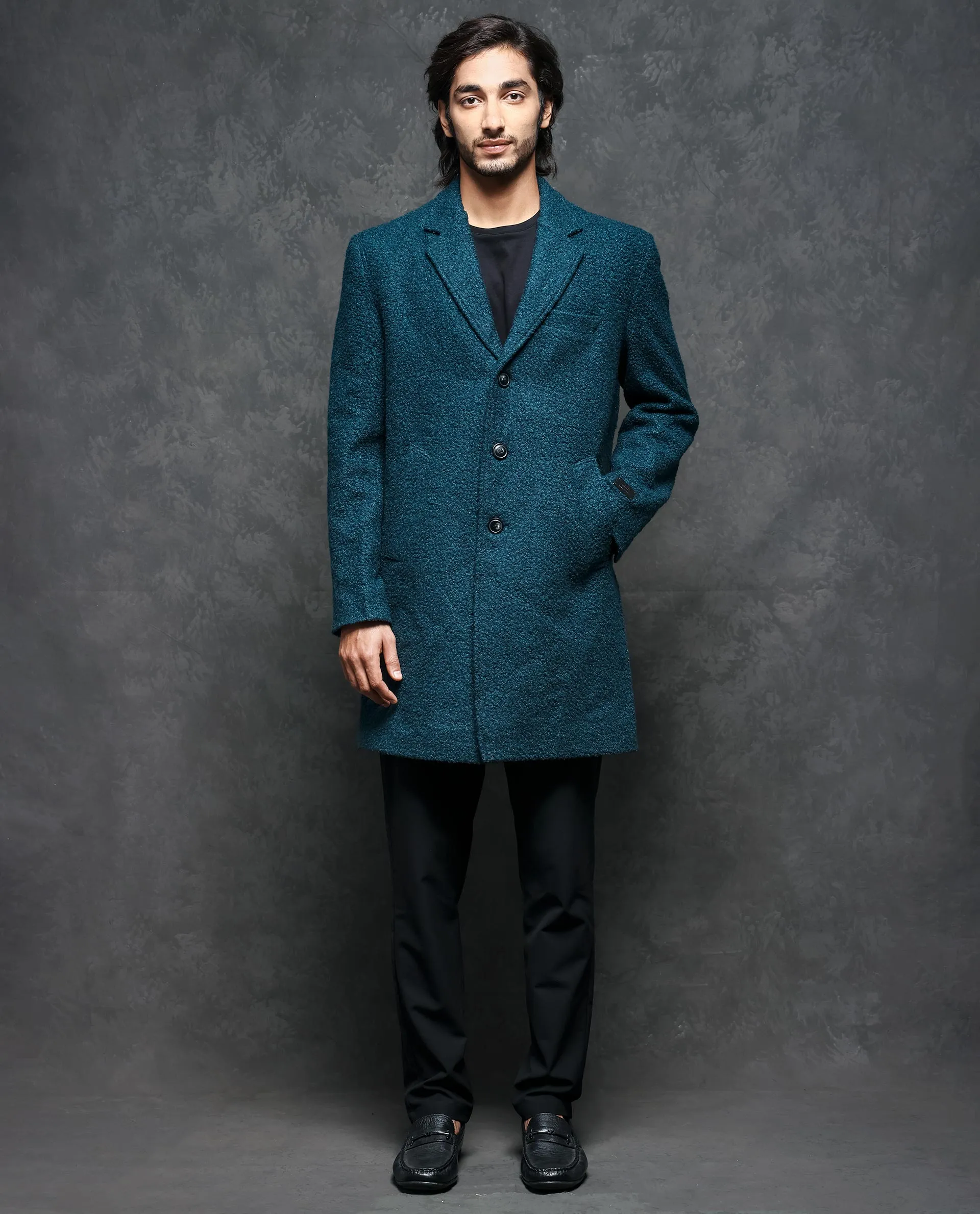 Rare Rabbit Men's Hong Green Textured Notch Lapel Long Coat