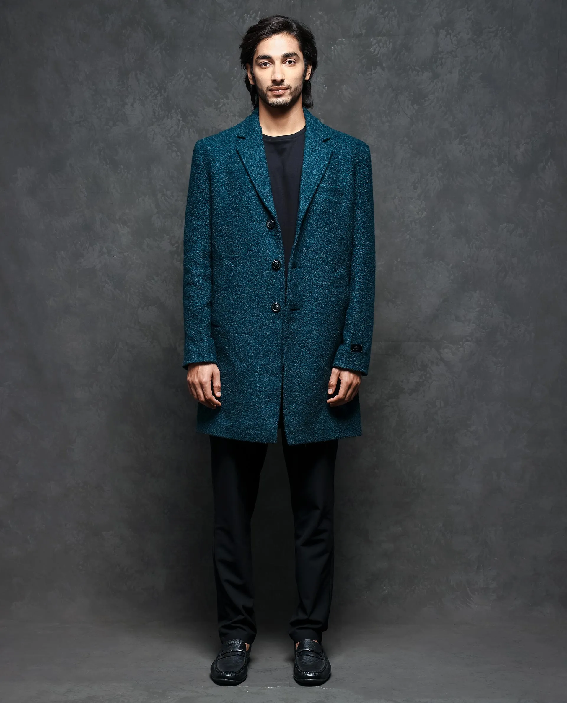 Rare Rabbit Men's Hong Green Textured Notch Lapel Long Coat