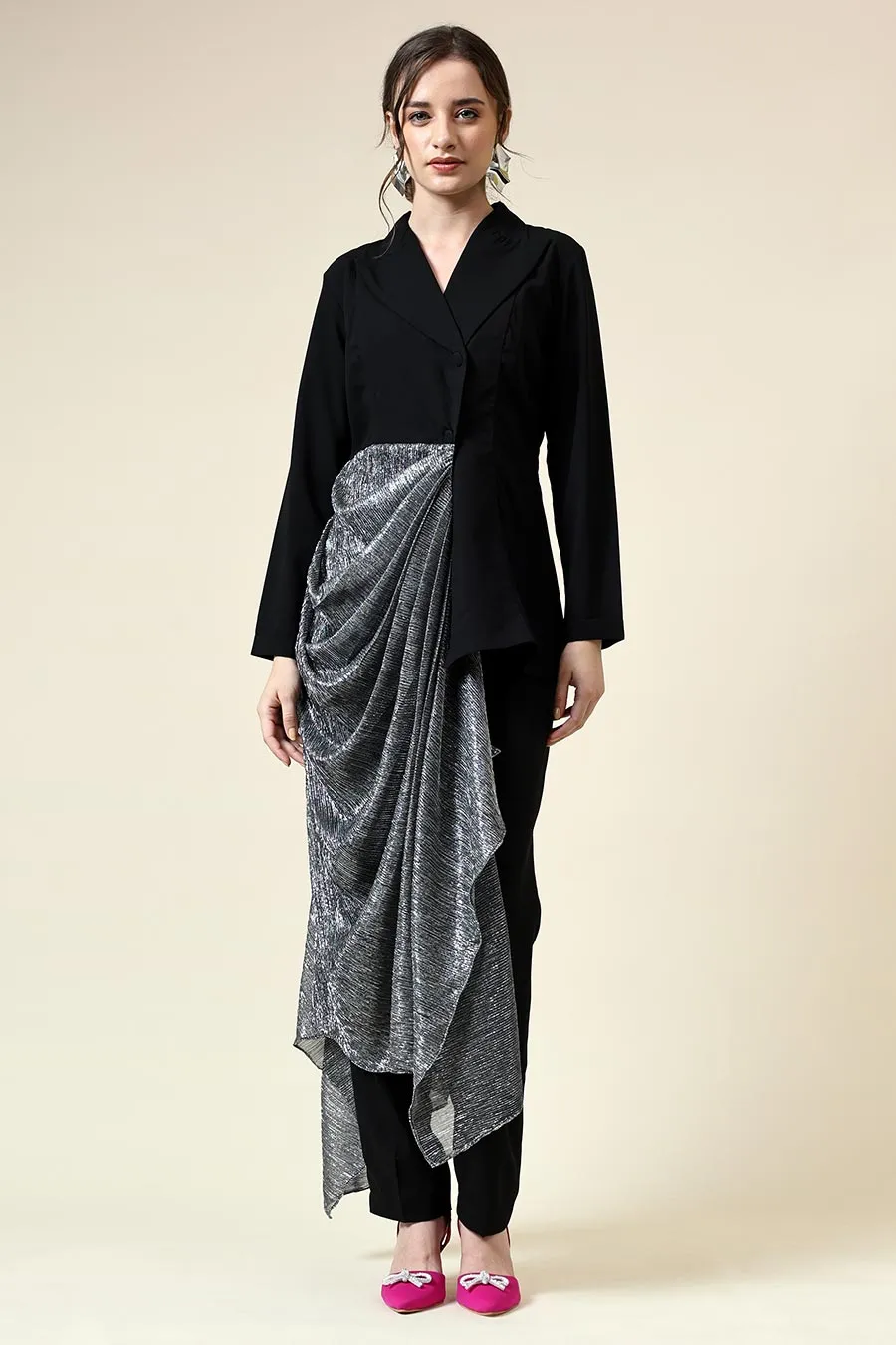 Silver Lurex Draped Black Blazer Co-Ord Set