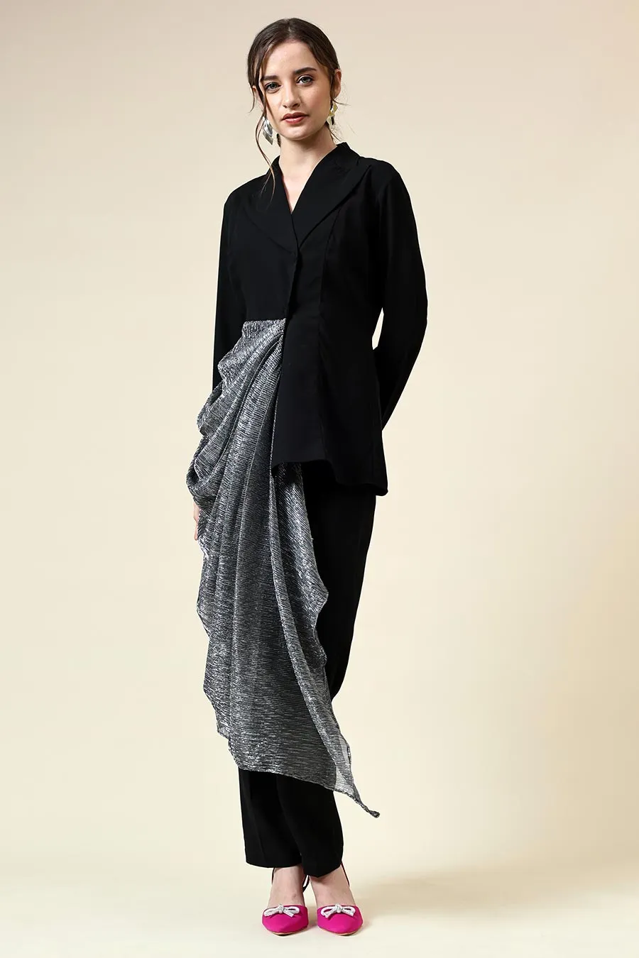Silver Lurex Draped Black Blazer Co-Ord Set