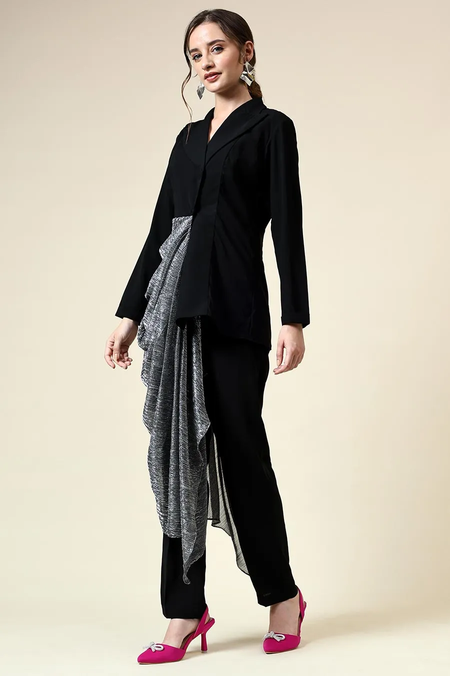 Silver Lurex Draped Black Blazer Co-Ord Set