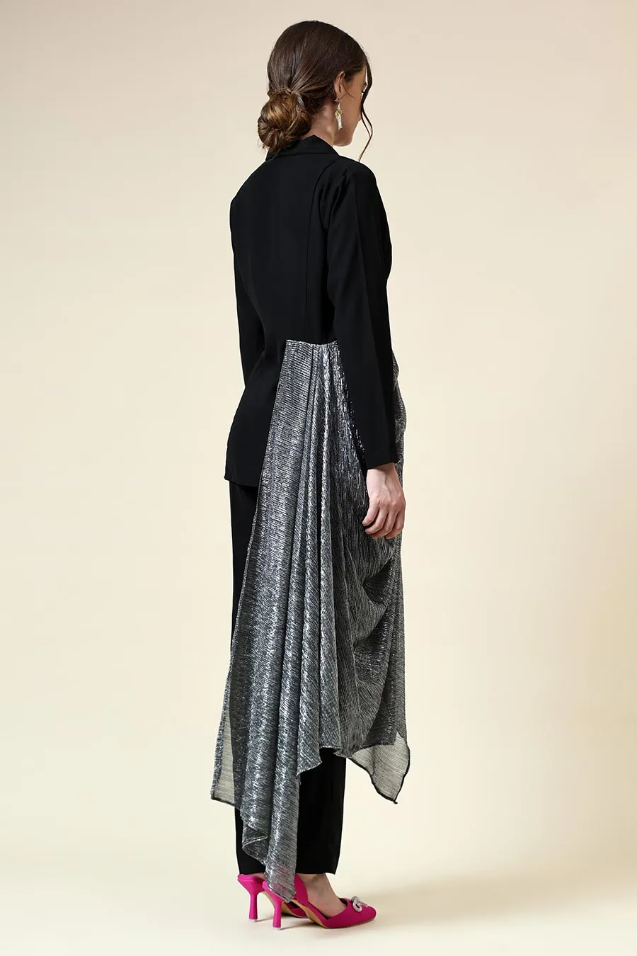 Silver Lurex Draped Black Blazer Co-Ord Set