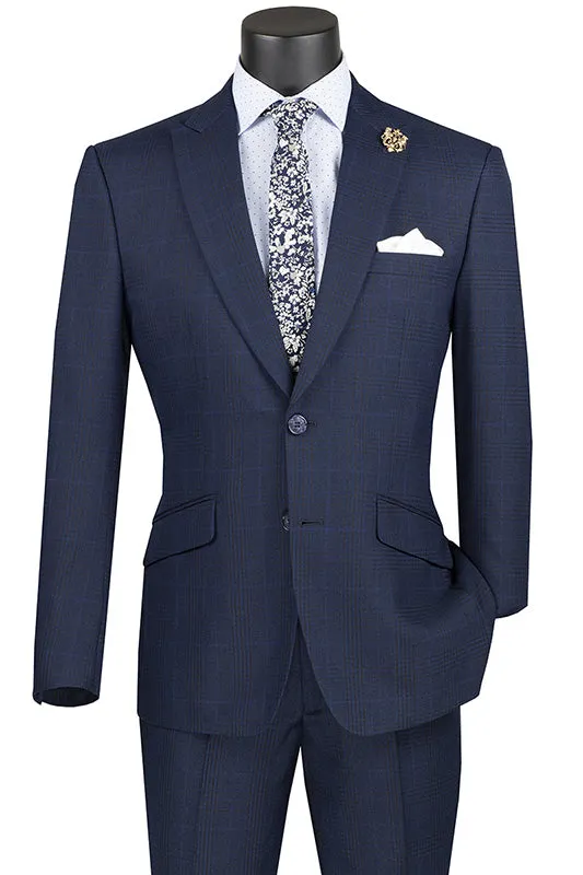 Slim Fit 2 Piece Suit Navy Glen Plaid Pattern Matching Pants