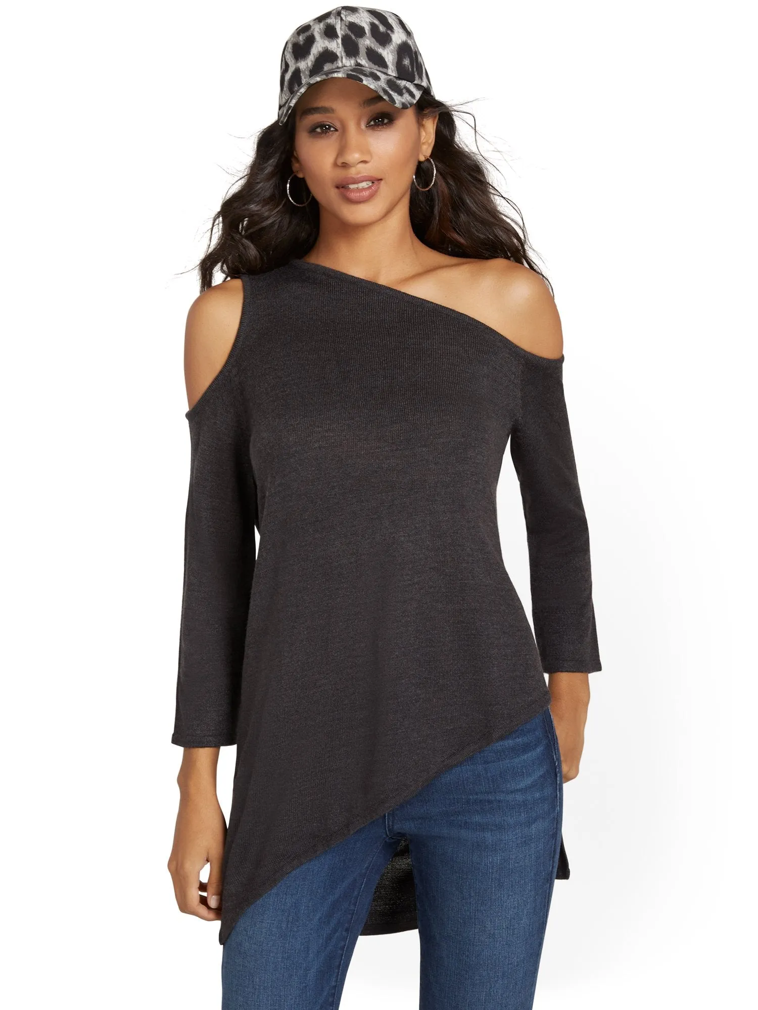 Slouchy Asymmetrical Cold-Shoulder Tunic Sweater