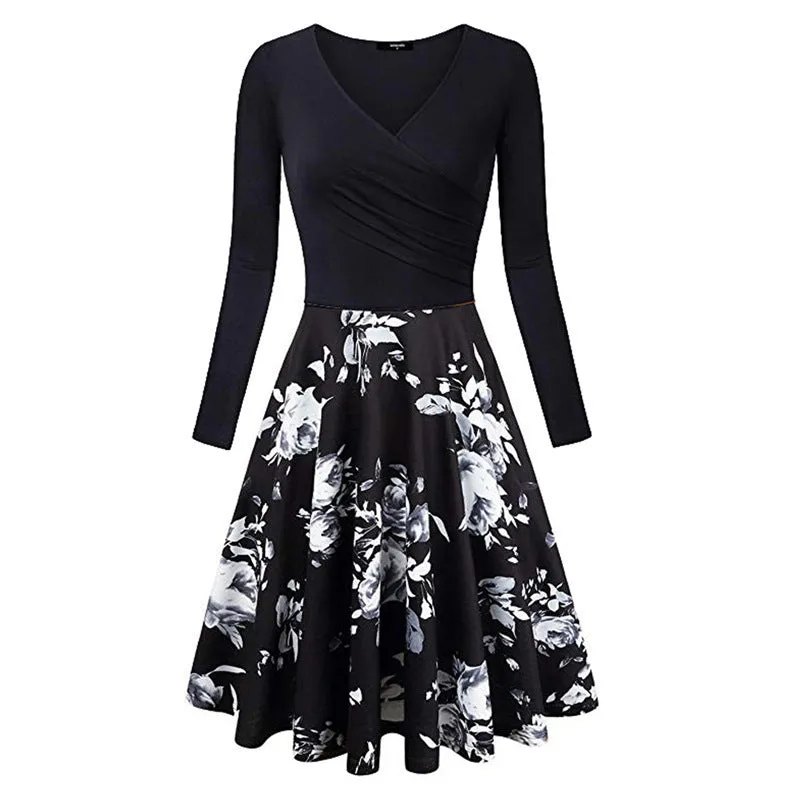 Supply Best Seller in Europe and America Women's Clothing Summer Sexy Long Sleeve Digital Printing Front Cross V-neck Large Swing Dress