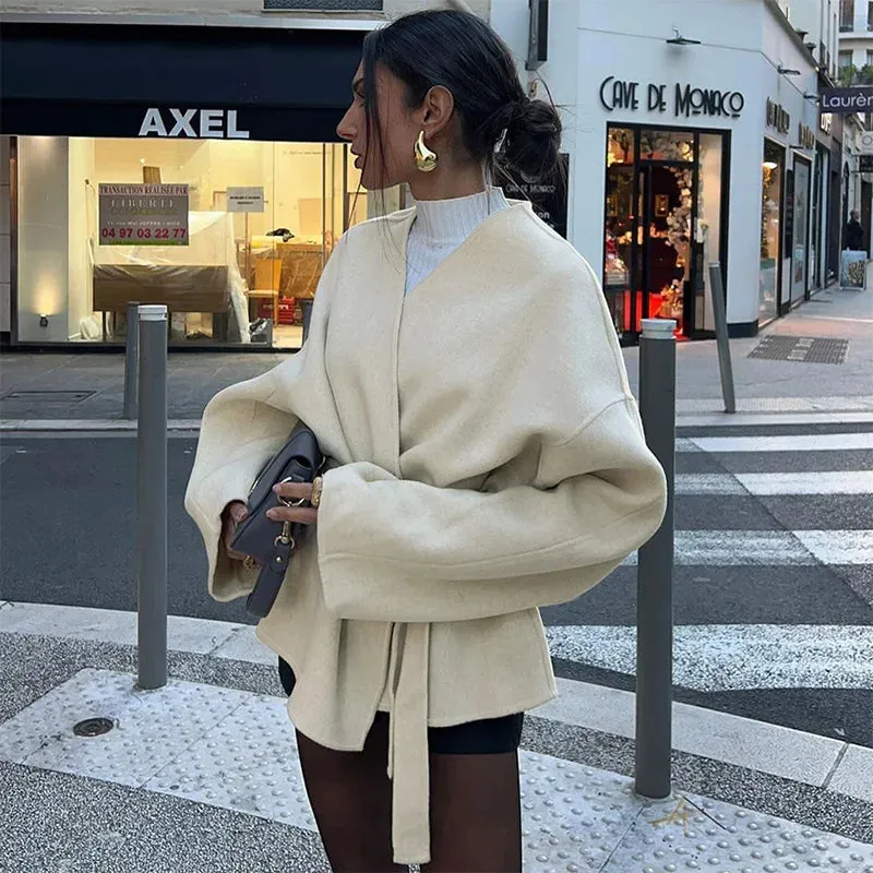 TAVIMART  -  Elegant Lace Up Coat For Women V-neck Long Sleeve Slim Jacket Cardigan 2025 Autumn Winter Lady Streetwear Outwear New In Coats