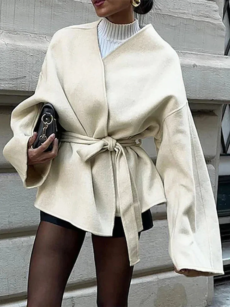 TAVIMART  -  Elegant Lace Up Coat For Women V-neck Long Sleeve Slim Jacket Cardigan 2025 Autumn Winter Lady Streetwear Outwear New In Coats