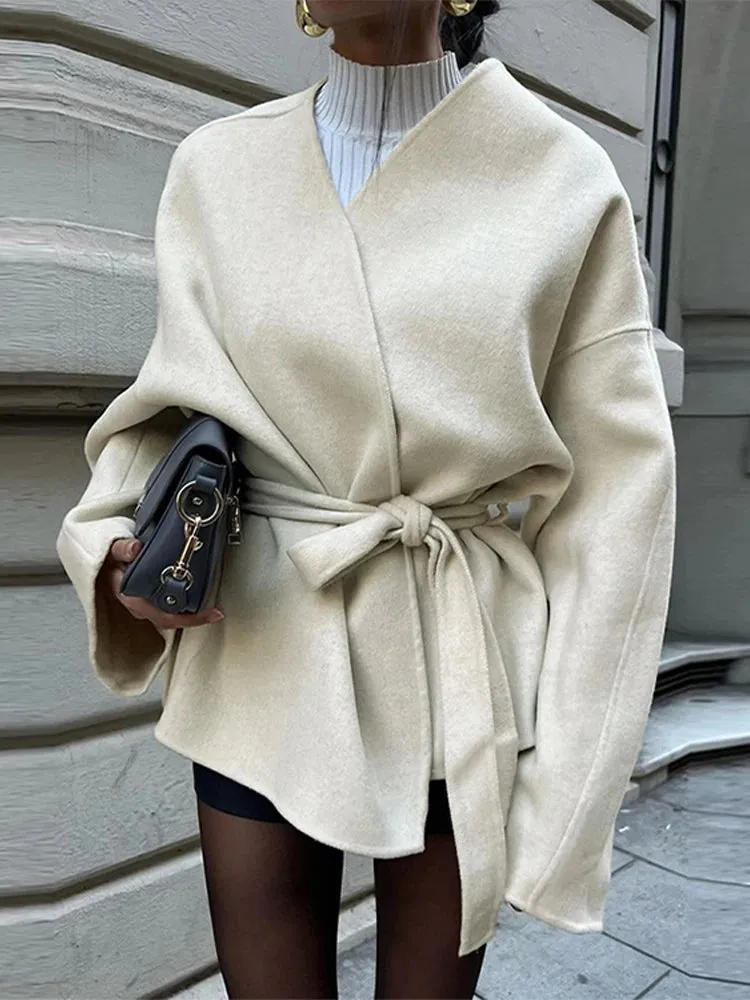 TAVIMART  -  Elegant Lace Up Coat For Women V-neck Long Sleeve Slim Jacket Cardigan 2025 Autumn Winter Lady Streetwear Outwear New In Coats