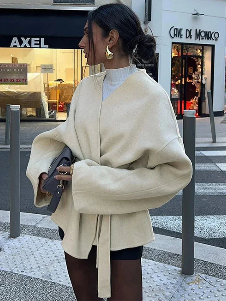 TAVIMART  -  Elegant Lace Up Coat For Women V-neck Long Sleeve Slim Jacket Cardigan 2025 Autumn Winter Lady Streetwear Outwear New In Coats