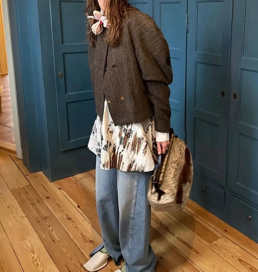 TAVIMART  -  Elegant Solid Round Neck Women's Wide Shoulder Coat Vintage Long Sleeved Double Breasted Jacket Classic Commut Ladies Streetwear