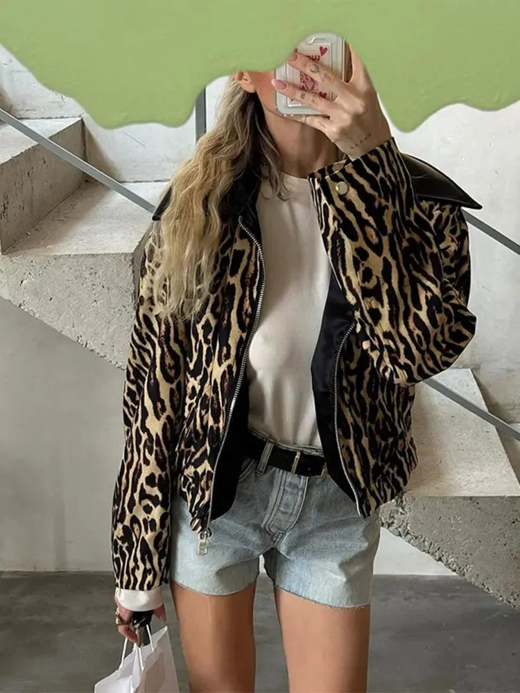 TAVIMART  -  Women's Casual Leopard Printed Leather Lapel Patchwork Jacket Chic Zipper Long Sleeve Short Slim Coat 2024 Lady High Streetwear