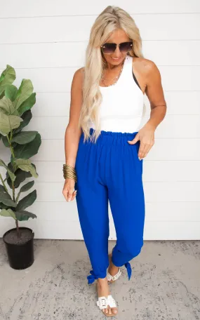 Textured Solid Ruffle Waist Ankle Pants | FINAL SALE