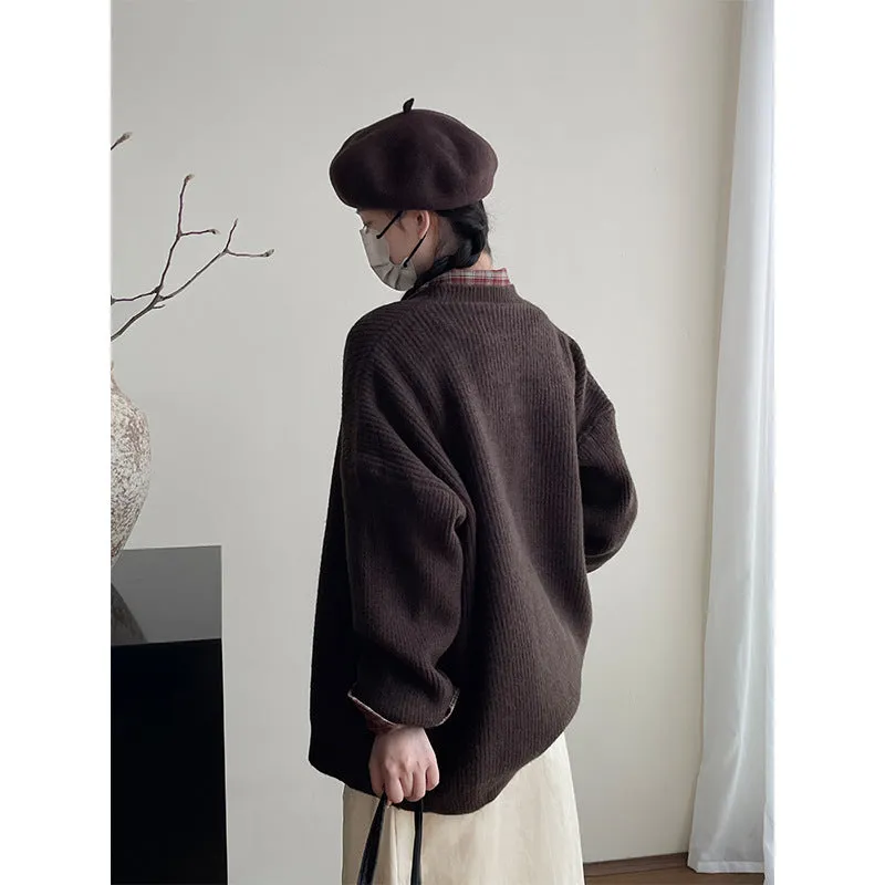 Toleet 90s streetwear Retro Style Mid-Length Sweater Coat Casual All-Match Soft Knitted Cardigan